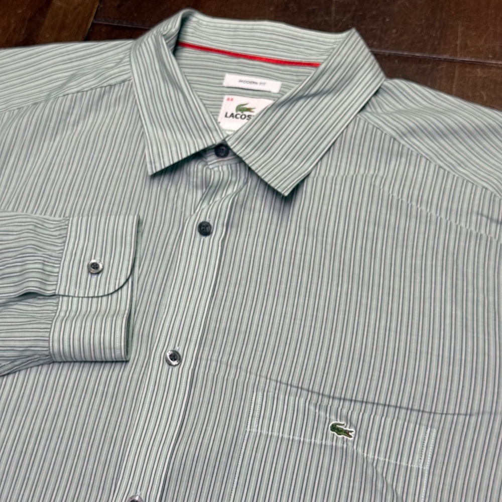 Lacoste Button Down Shirt Mens 44 XL Sage Green Striped Modern Fit Long Sleeve